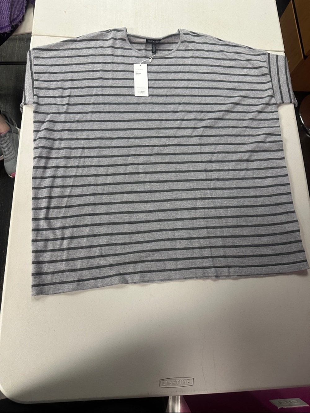 Eileen Fisher Gray and Black Striped Short-Sleeve Tee NWT Medium